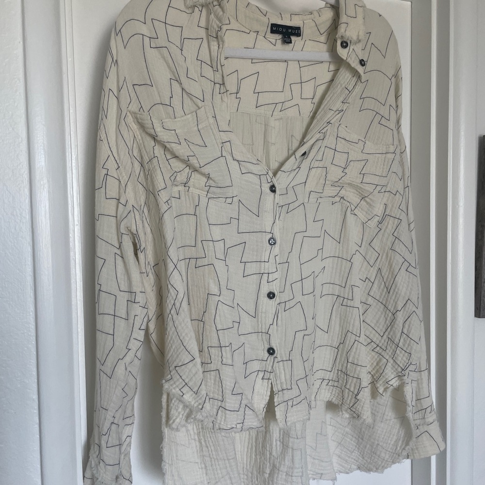 Cream Geometric Super Soft Cotton Button-Up Shirt Blouse